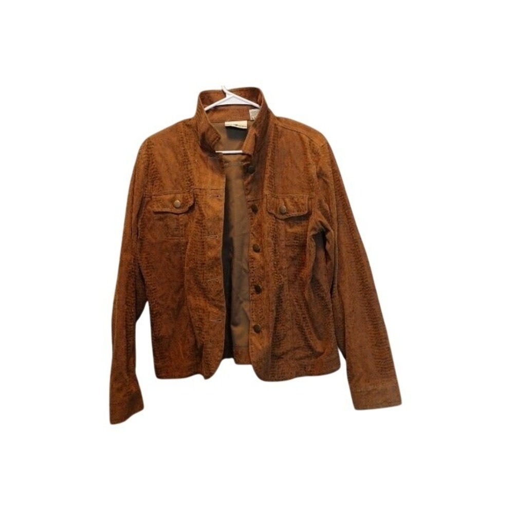 Erin London Womens Brown Croc Embossed Faux Leather Look Shirt Jacket Size M